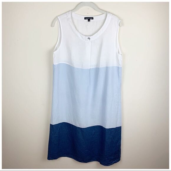 Gordon Smith Blue and White Linen Sleeveless Color-block Sheath Dress Sz 10 - Picture 7 of 15